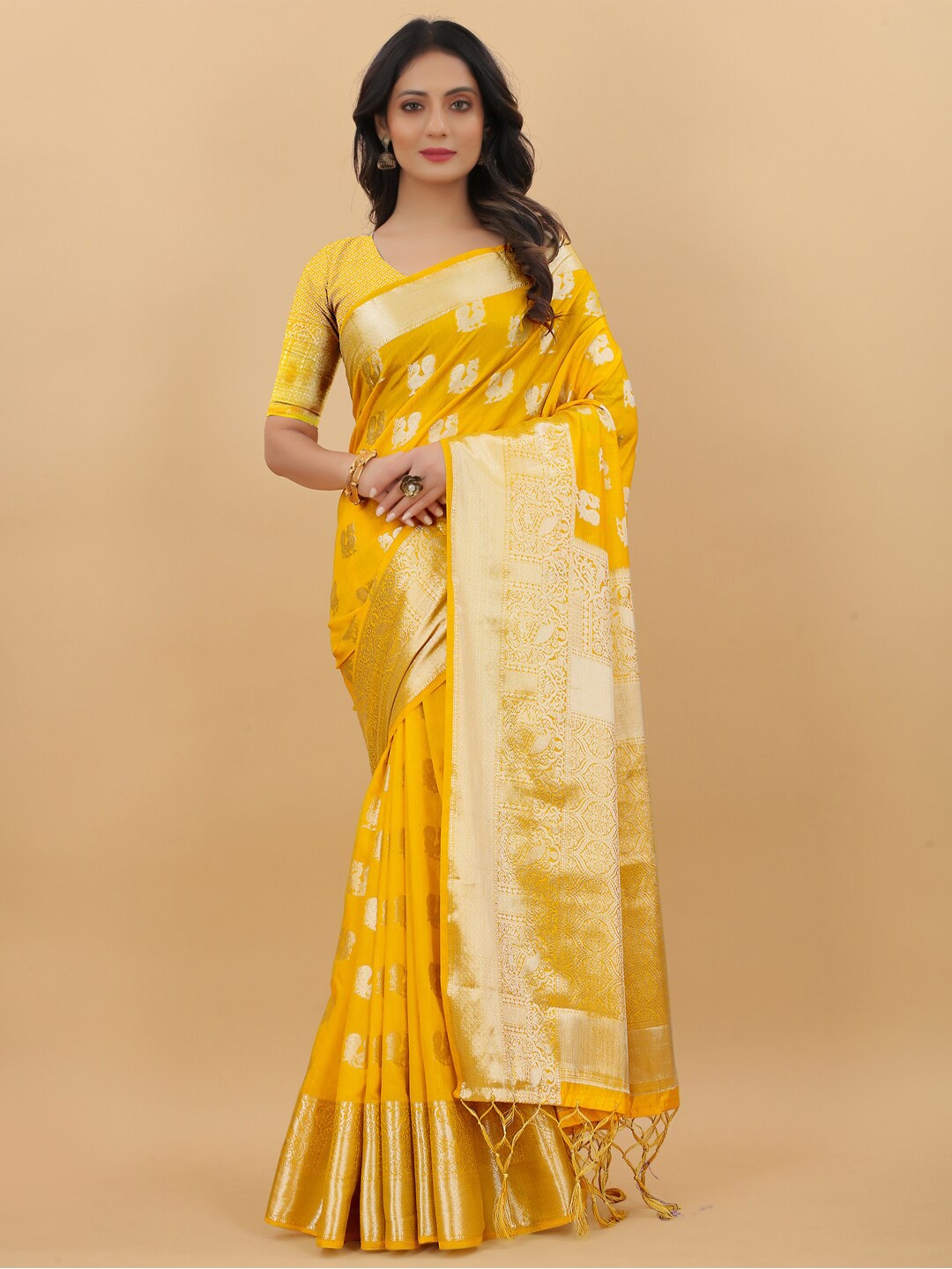 

WEAVETECH IMPEX Gold-Toned Woven Design Zari Pure Silk Banarasi Saree