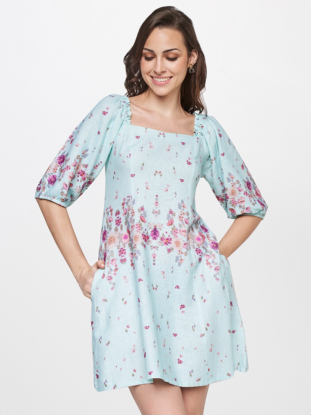 

AND Teal Floral Printed Linen Fit and Flare Dress