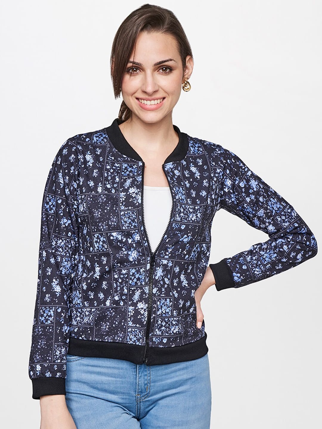 

AND Women Blue Floral Printed Mandarin Collar Top