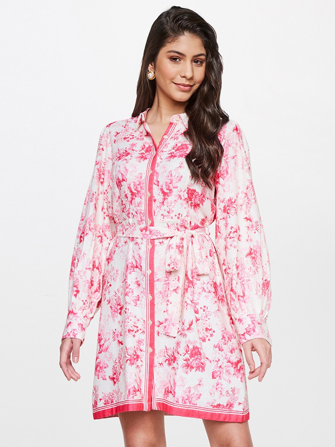

AND Pink & White Floral Linen Shirt Dress