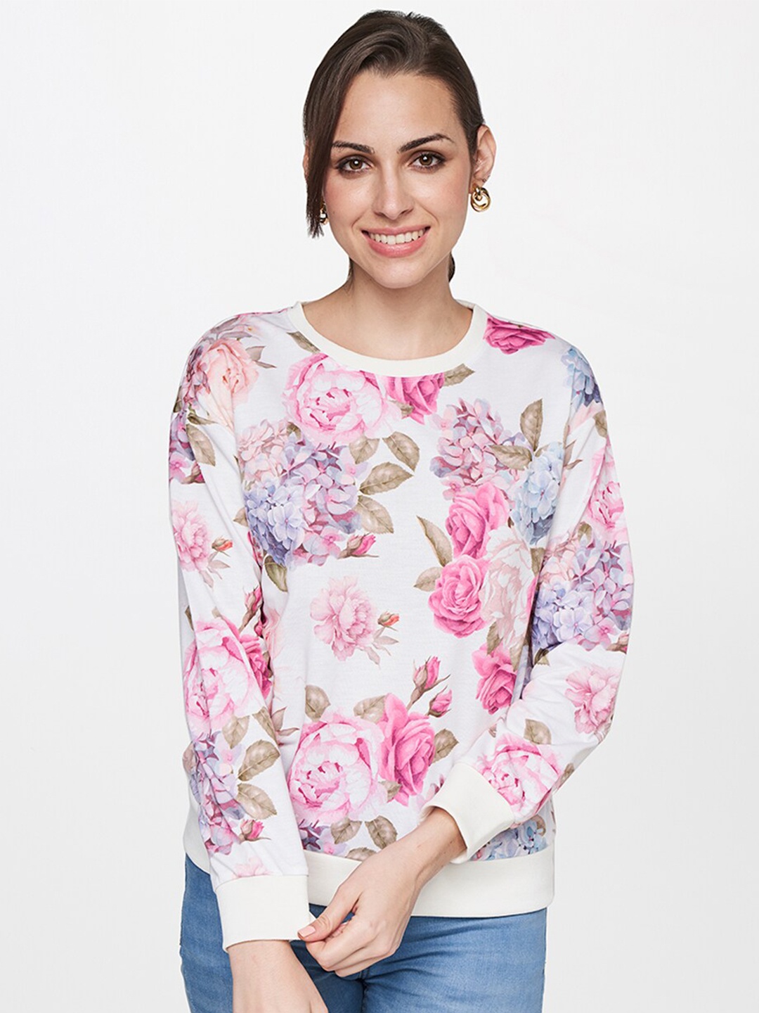 

AND White & Pink Floral Print Top