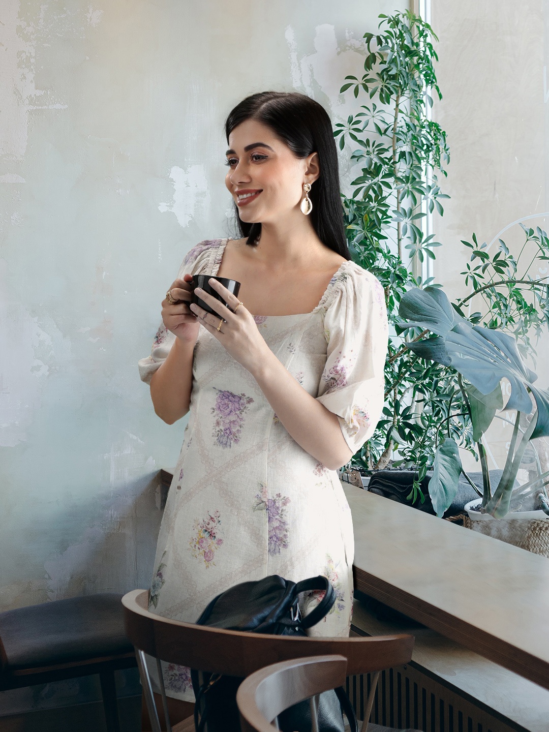 

AND Cream-Coloured Floral Linen A-Line Dress