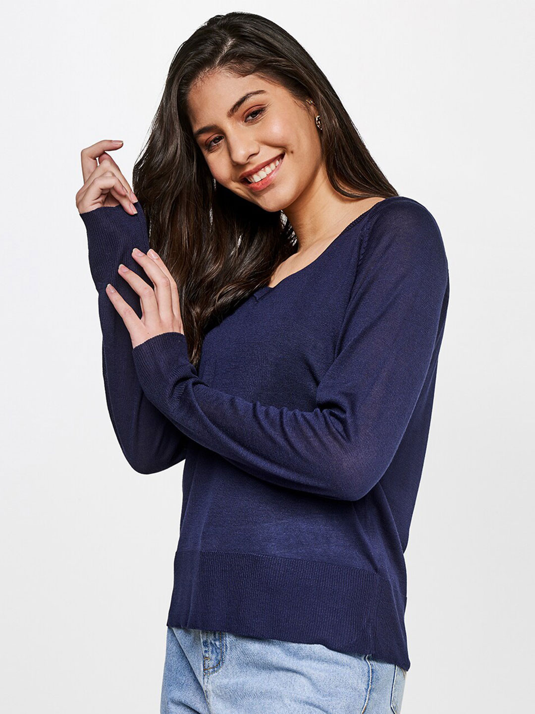 

AND Women Navy Blue Solid V-Neck T-shirt