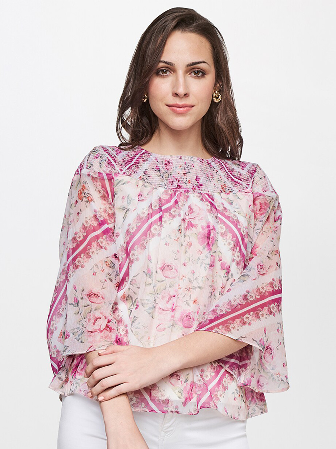 

AND Cream-Coloured & Pink Floral Print Top