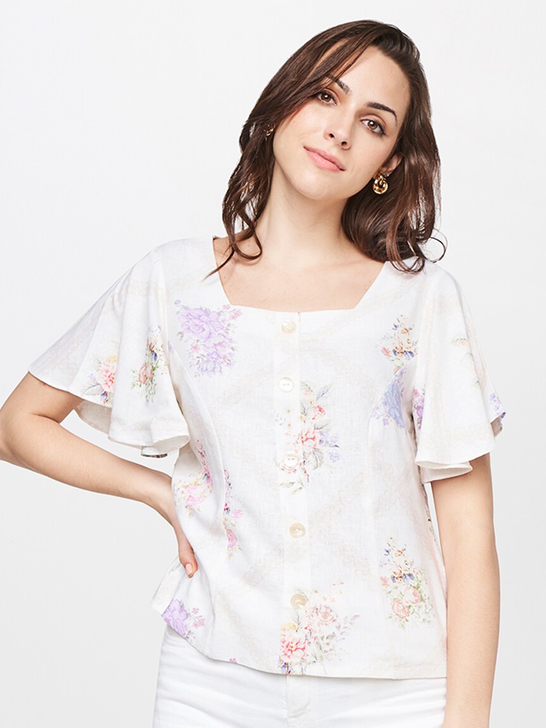 

AND Cream-Coloured Floral Print Linen Top