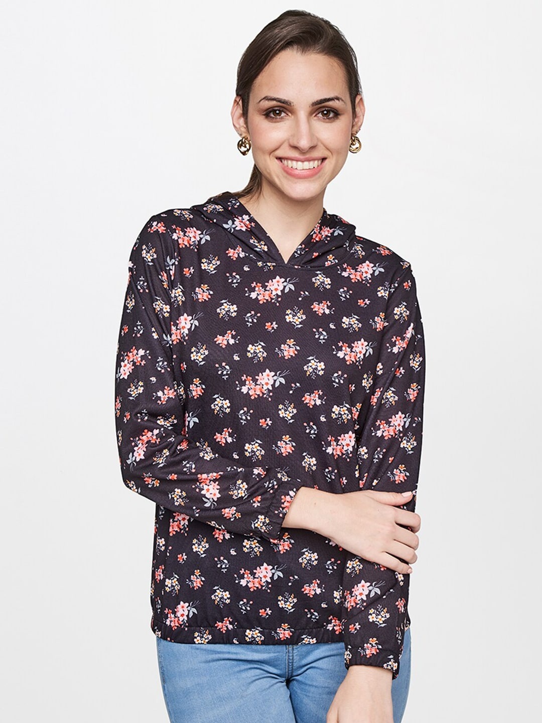 

AND Women Black & Peach Floral Print Top