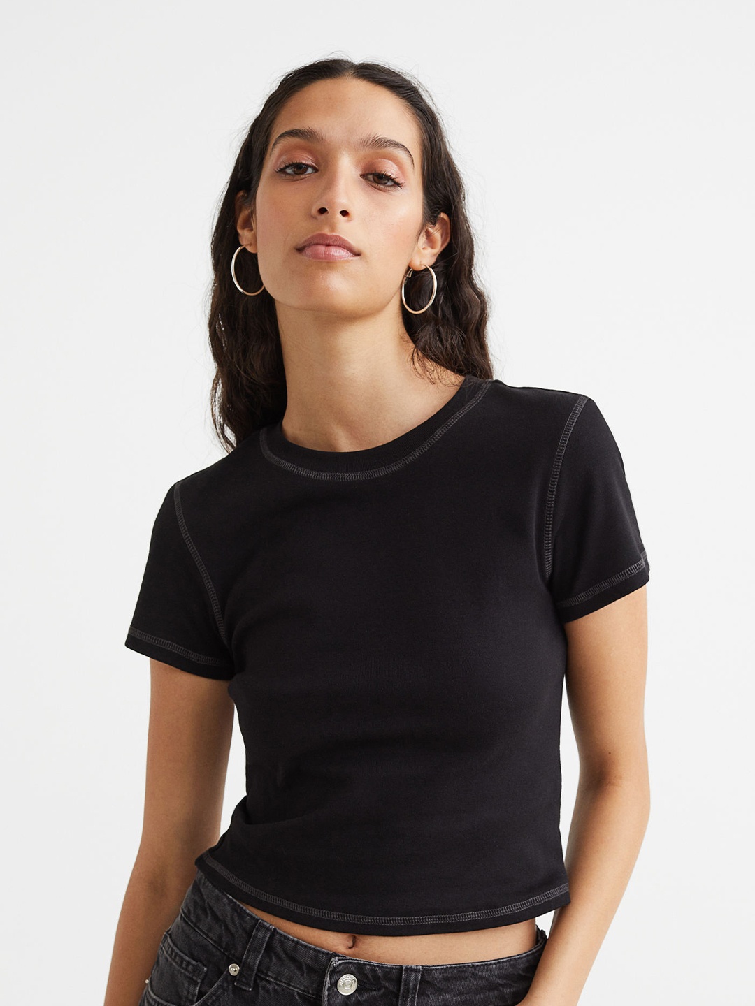 

H&M Women Black Flatlock-Seam Top