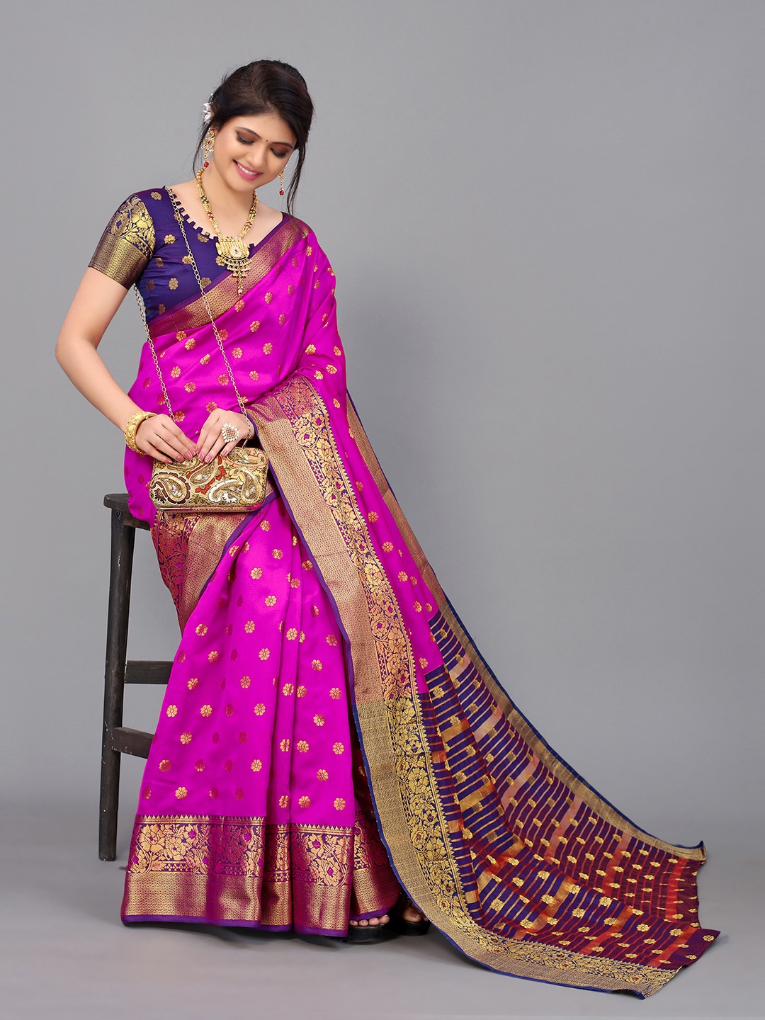 

Satrani Women Pink & Blue Woven Design Zari Banarasi Saree