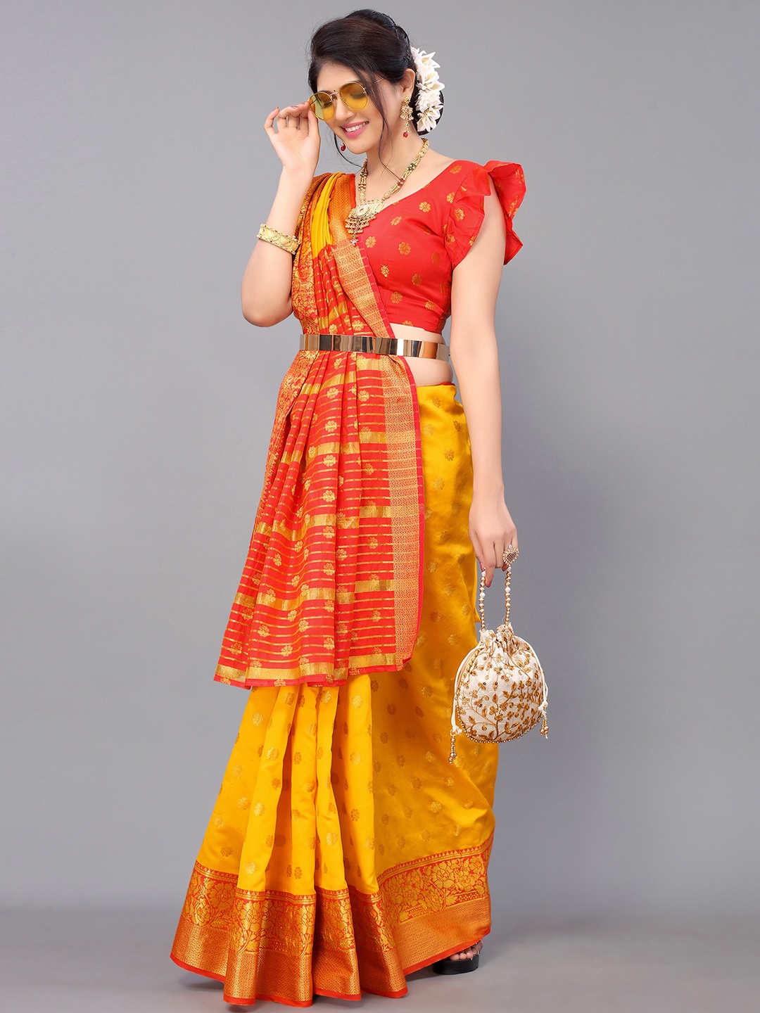 

Satrani Women Yellow & Red Woven Design Zari Banarasi Saree