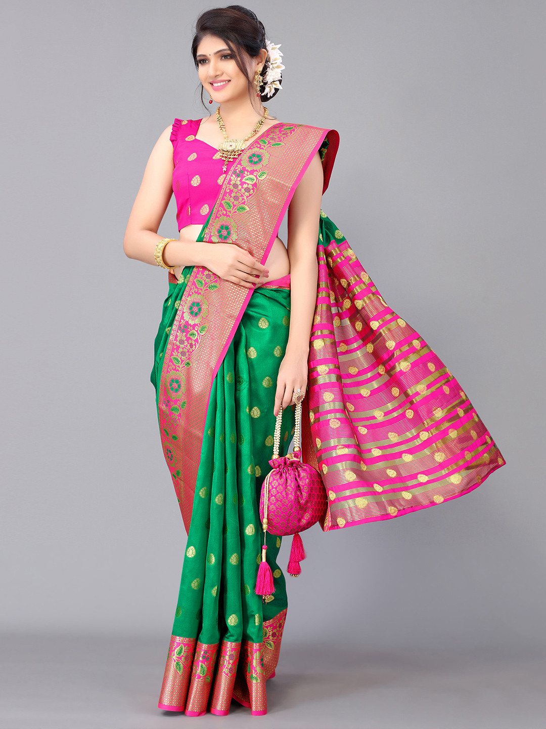 

Satrani Women Green & Pink Woven Design Zari Banarasi Saree