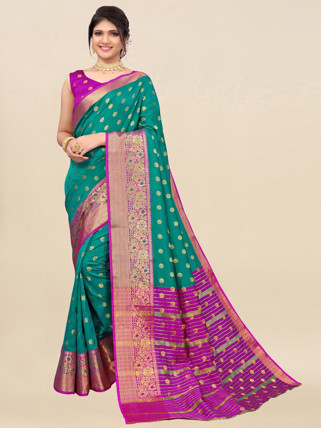 

Satrani Women Green & Pink Woven Design Zari Banarasi Saree