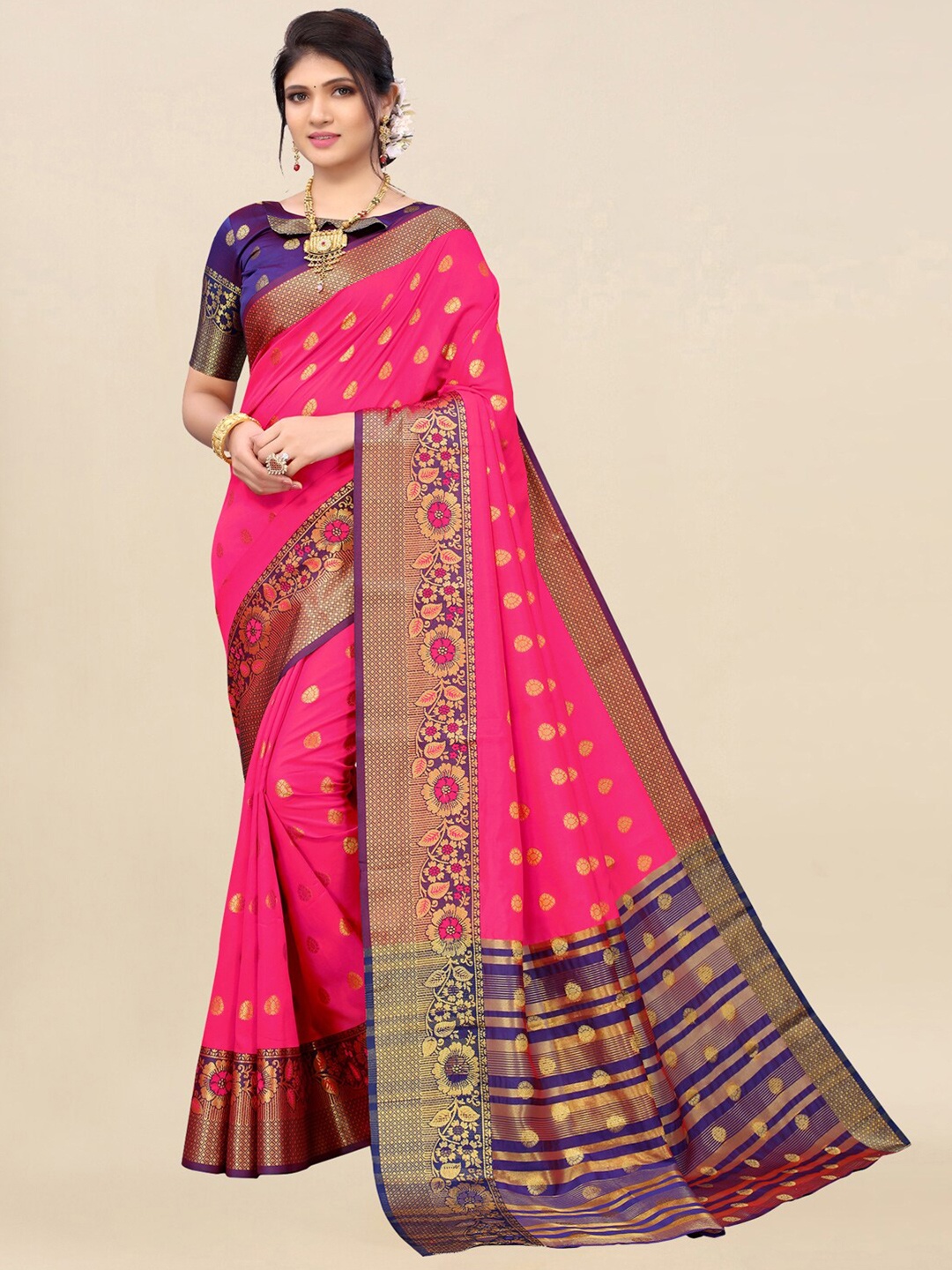 

Satrani Women Pink & Blue Woven Design Zari Banarasi Saree