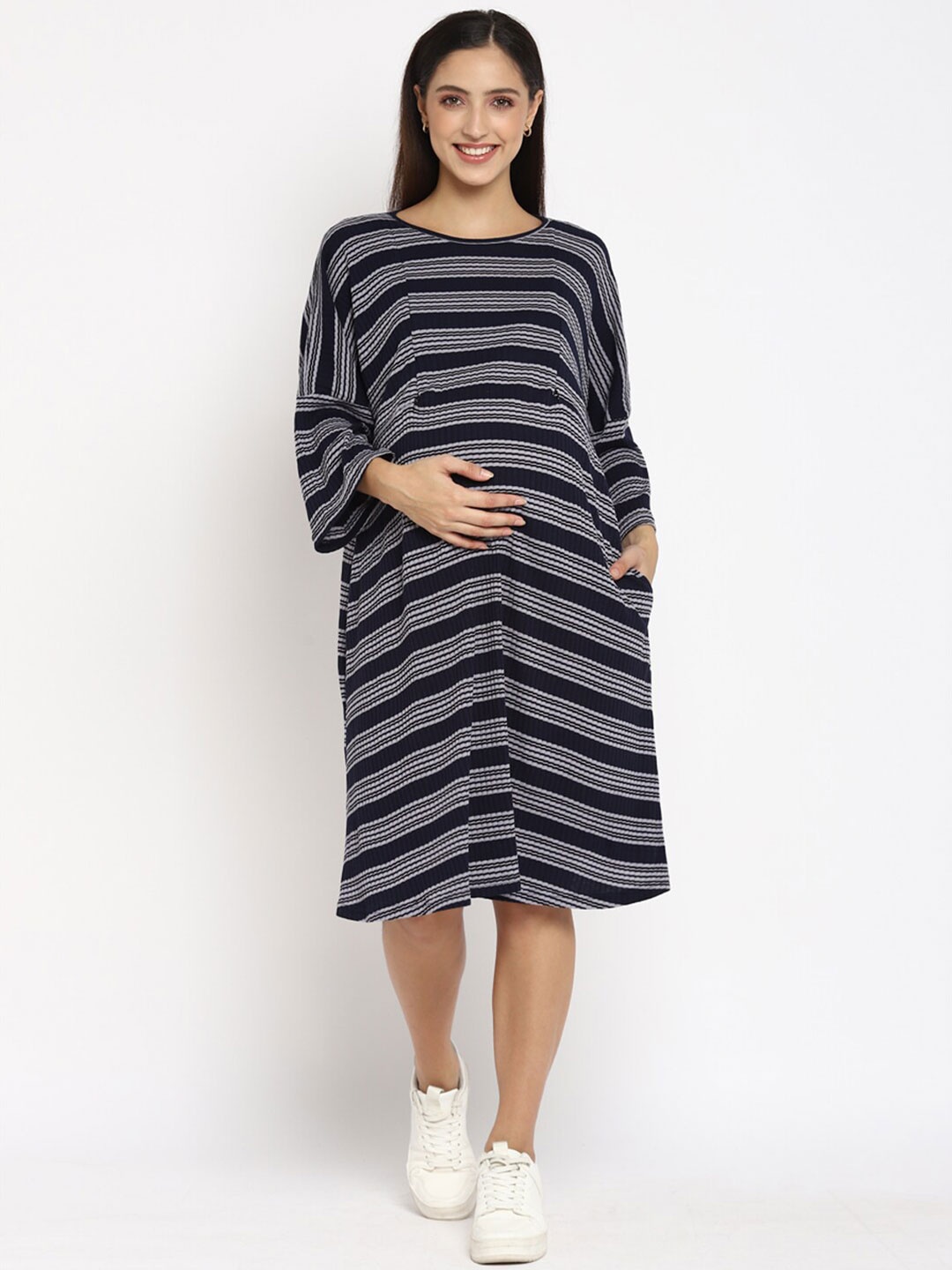 

Momsoon Maternity Women Blue Striped Cotton A-Line Dress