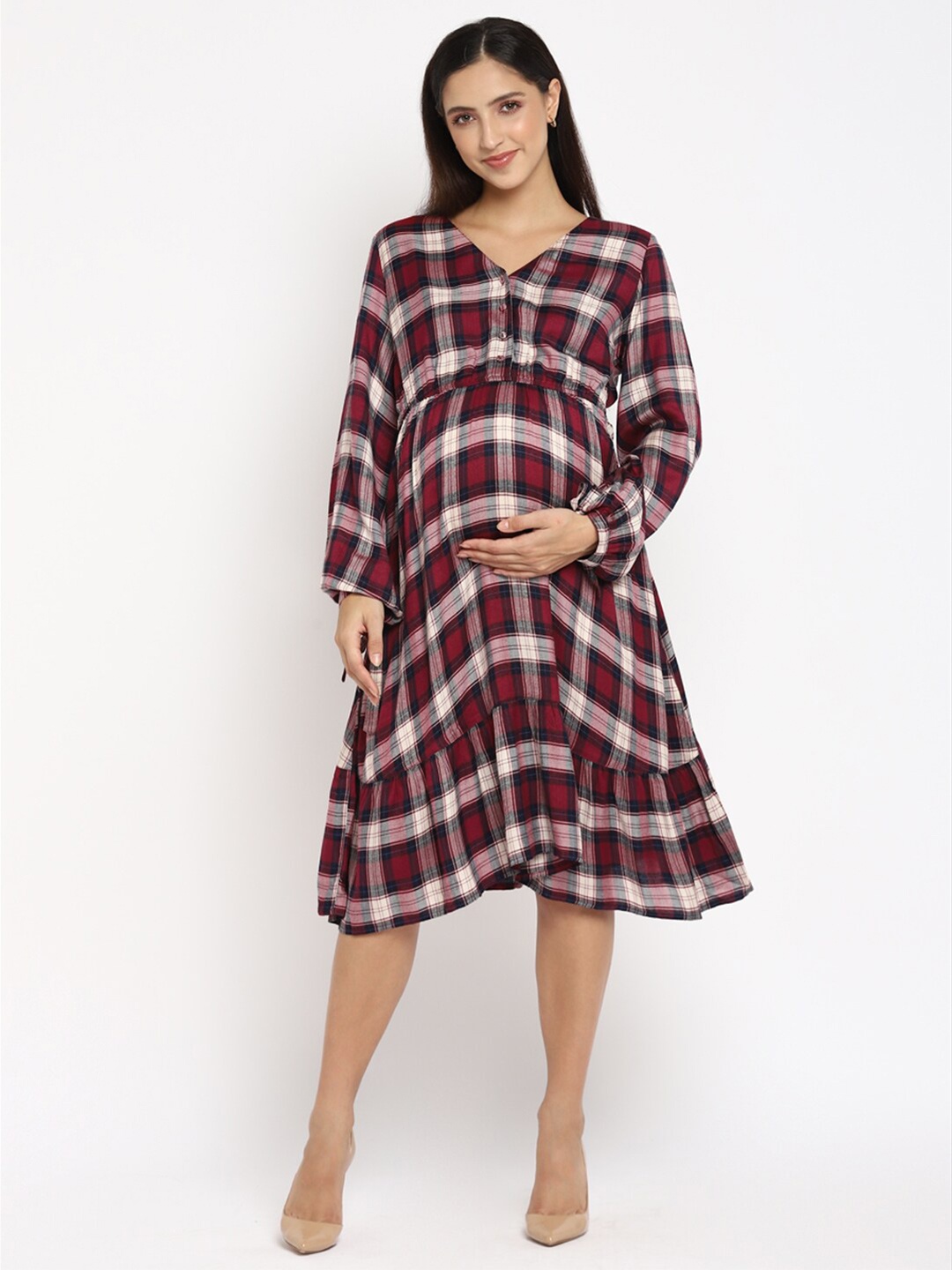 

Momsoon Maternity Women Maroon & White Checked Cotton Dress