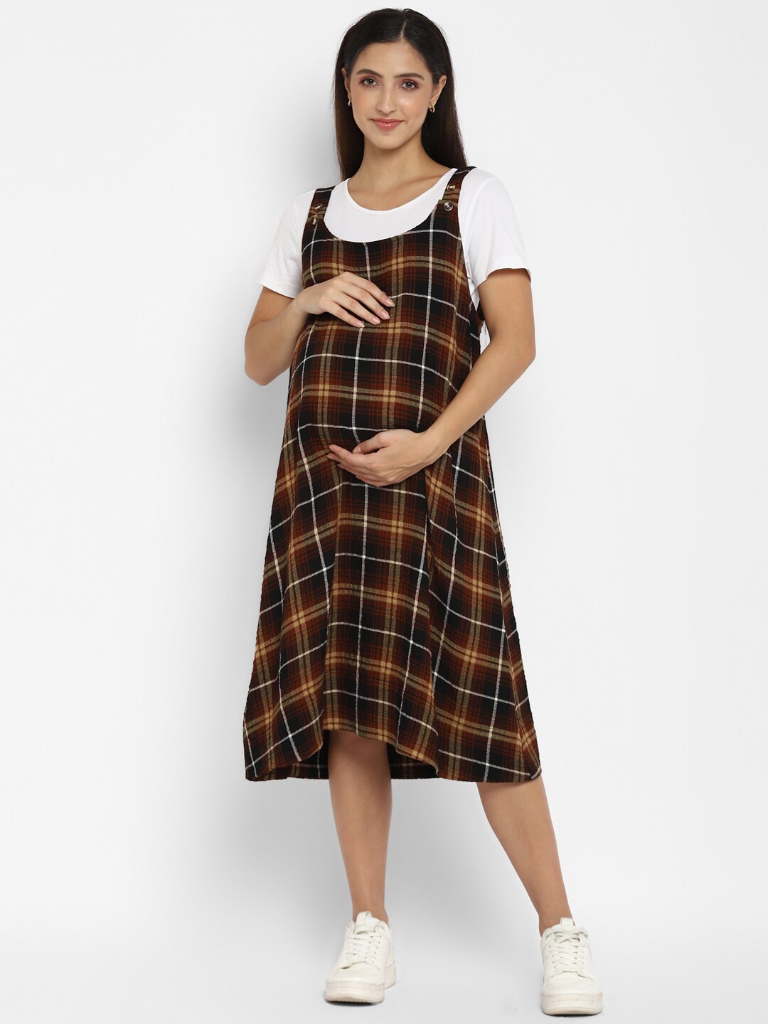 

Momsoon Maternity Women Brown Checked Pinafore Dress