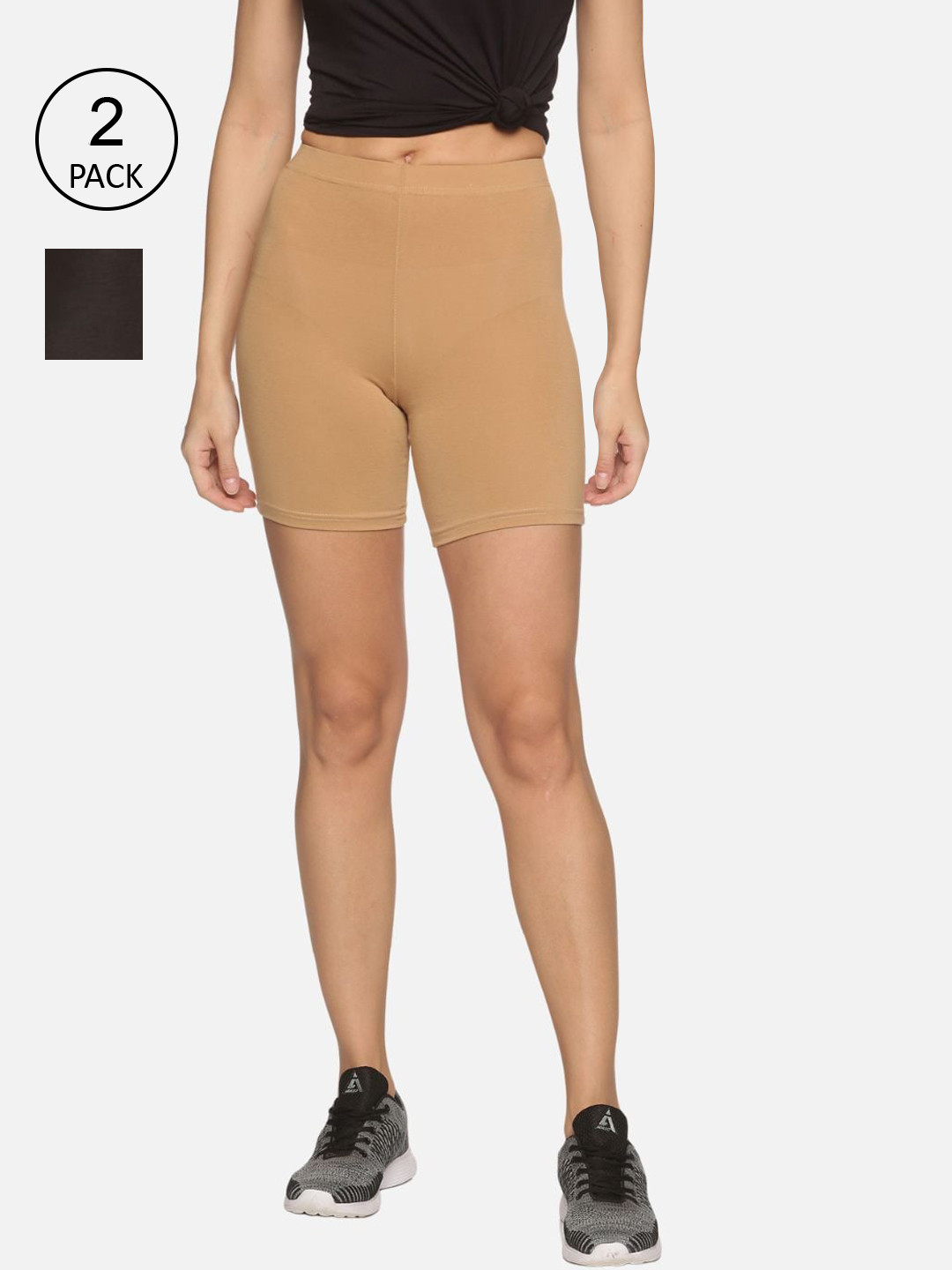 

Outflits Women Beige Skinny Fit Cycling Sports Shorts Pack of 2