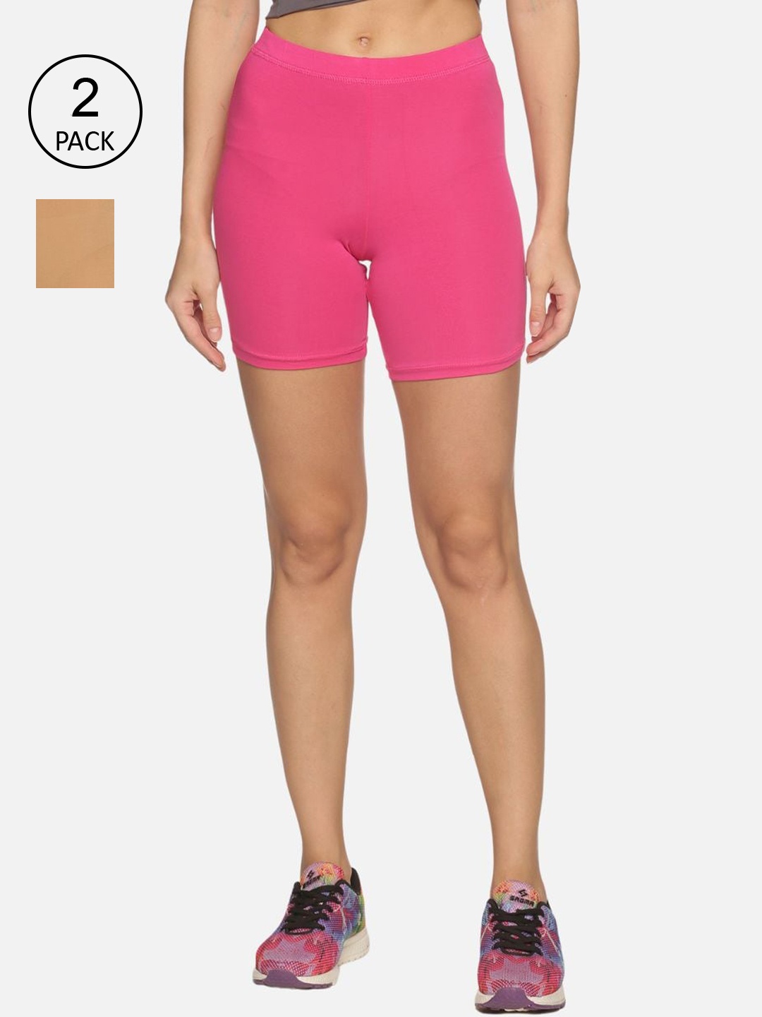 

Outflits Women Pink & Nude Coloured Solid Skinny Fit Cycling Sports Shorts Pack of 2