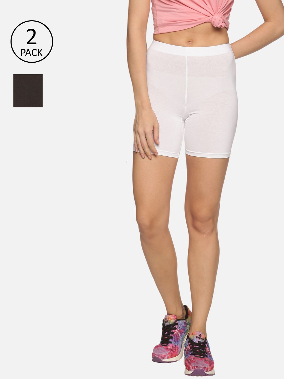 

Outflits Women White Skinny Fit Cycling Sports Shorts Pack of 2