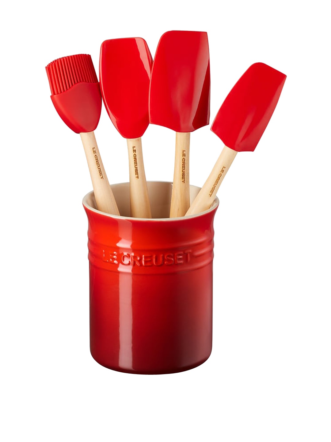 

LE CREUSET Set of 4 Red Spatula With Utensil Jar