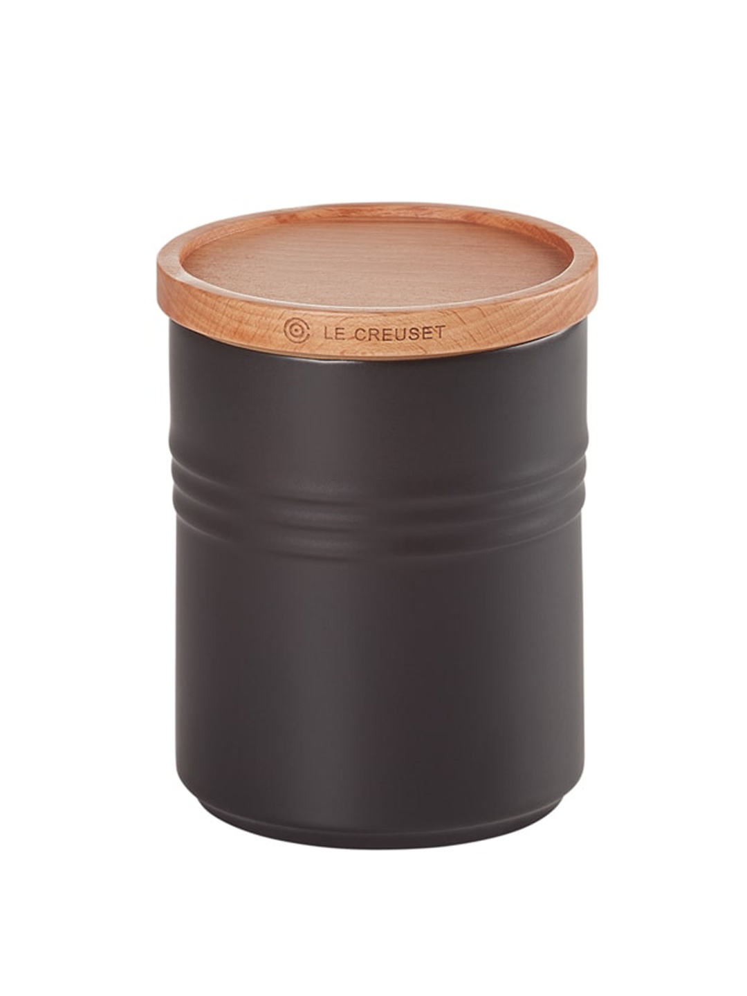 

LE CREUSET Black Solid Stoneware Canister Store Jar With Wooden Lid