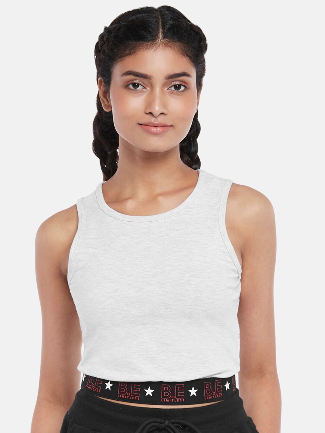 

Ajile by Pantaloons Grey Melange & Black Printed Crop Top