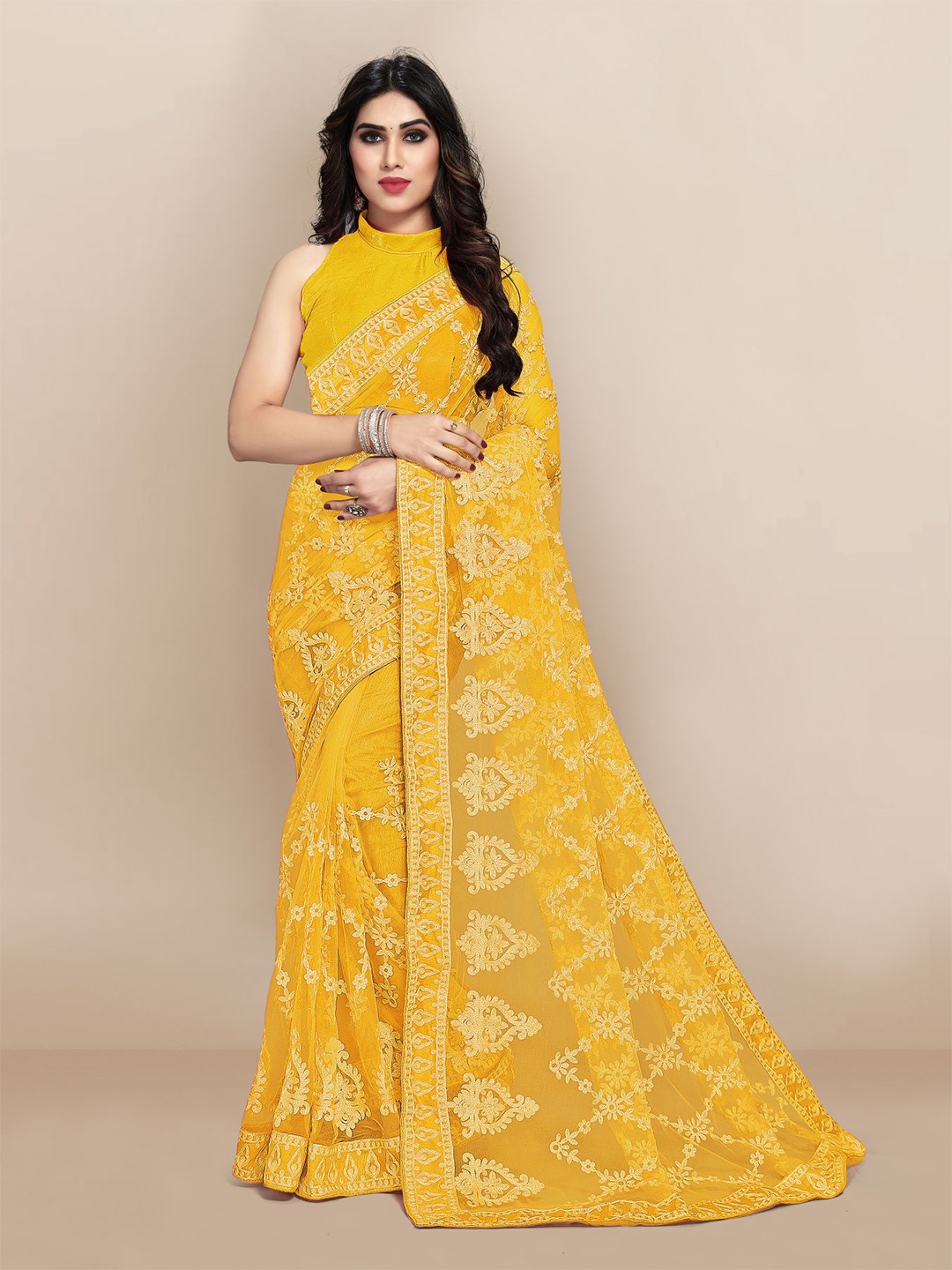 

VAIRAGEE Yellow Floral Embroidered Net Saree