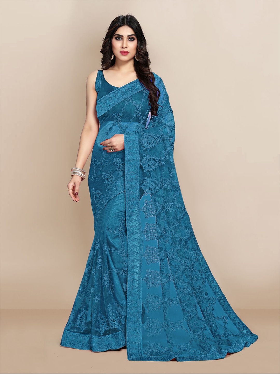 

VAIRAGEE Blue Floral Embroidered Net Saree