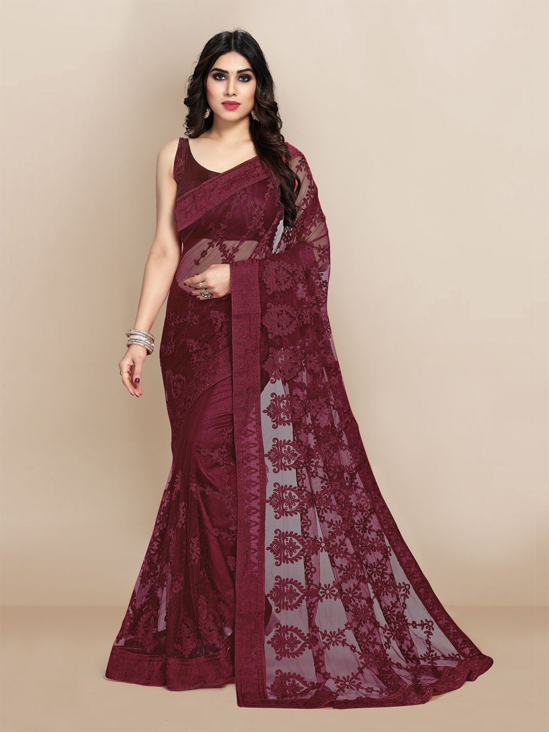 

VAIRAGEE Maroon Floral Embroidered Net Saree