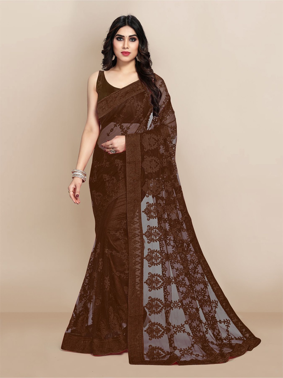 

VAIRAGEE Brown Embroidered Net Saree