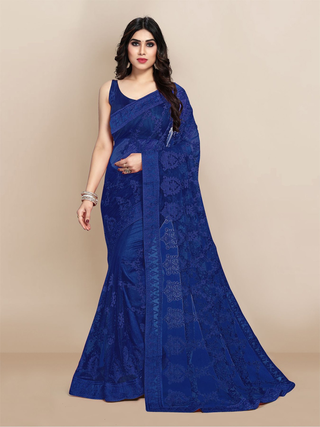 

VAIRAGEE Navy Blue Floral Zari Net Saree