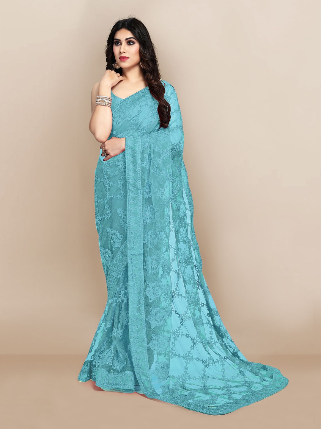 

VAIRAGEE Blue Floral Net Saree