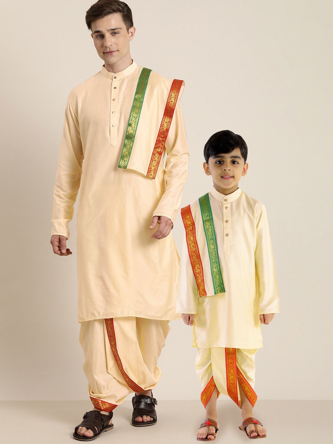 

VASTRAMAY Boys Off- White & Gold Kurta withDhoti & With Dupatta
