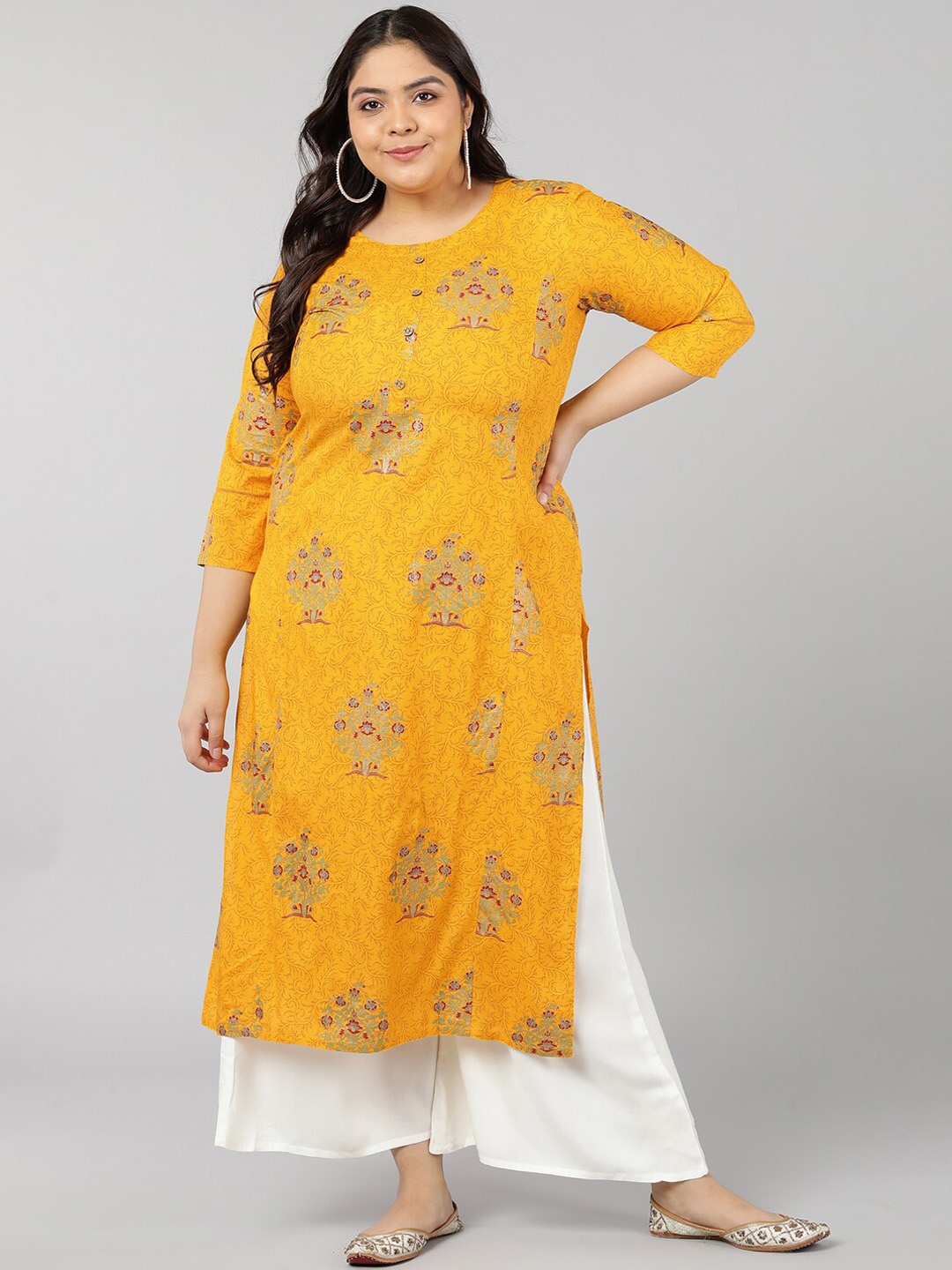 

kipek Women Mustard Yellow Floral Embroidered Thread Work Kurta