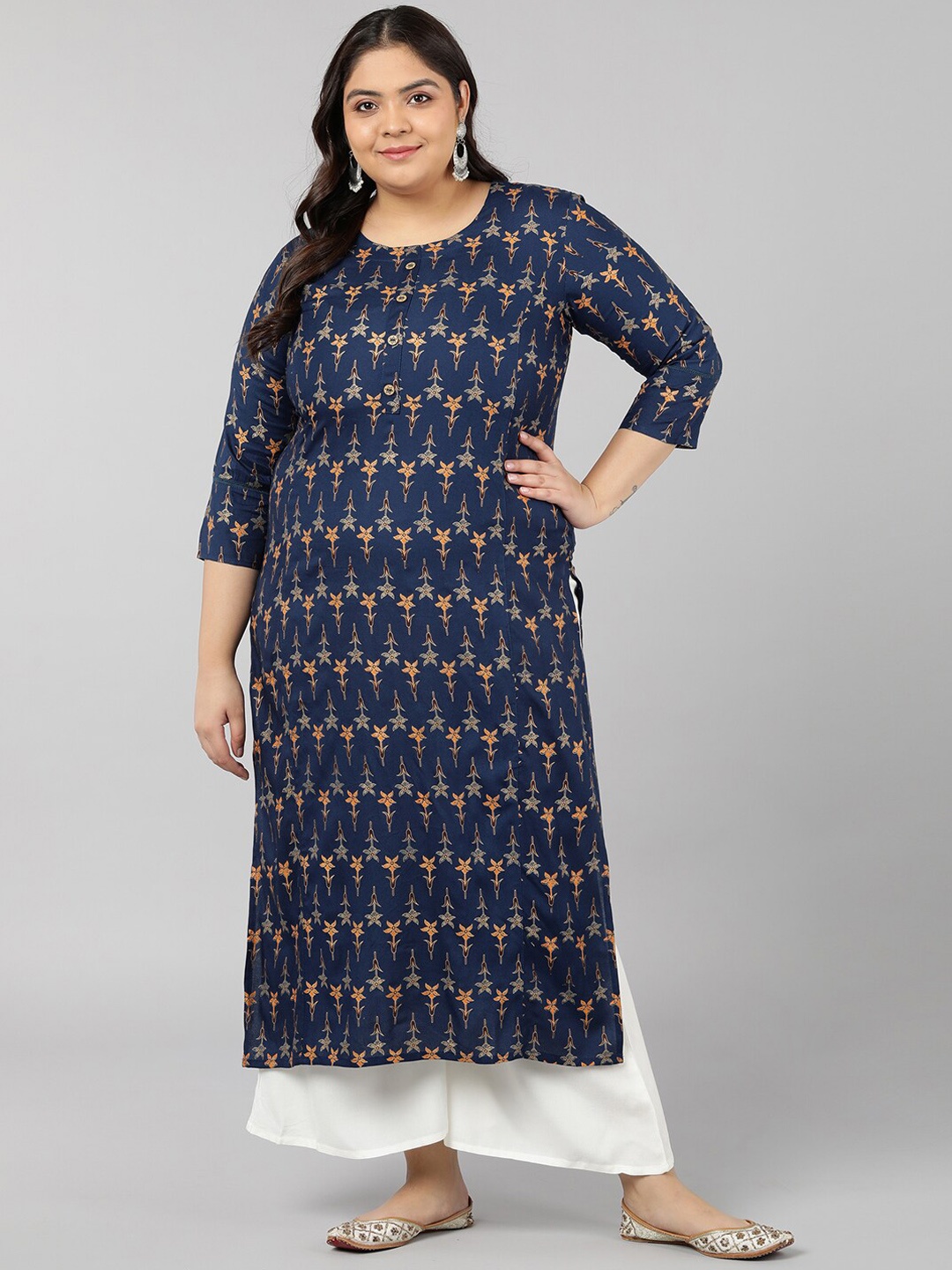 

kipek Women Teal Geometric Printed Thread Work Kurta