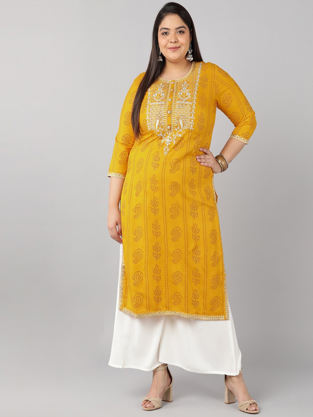 

kipek Women Yellow Ethnic Motifs Printed Plus Size Thread Work Kurta