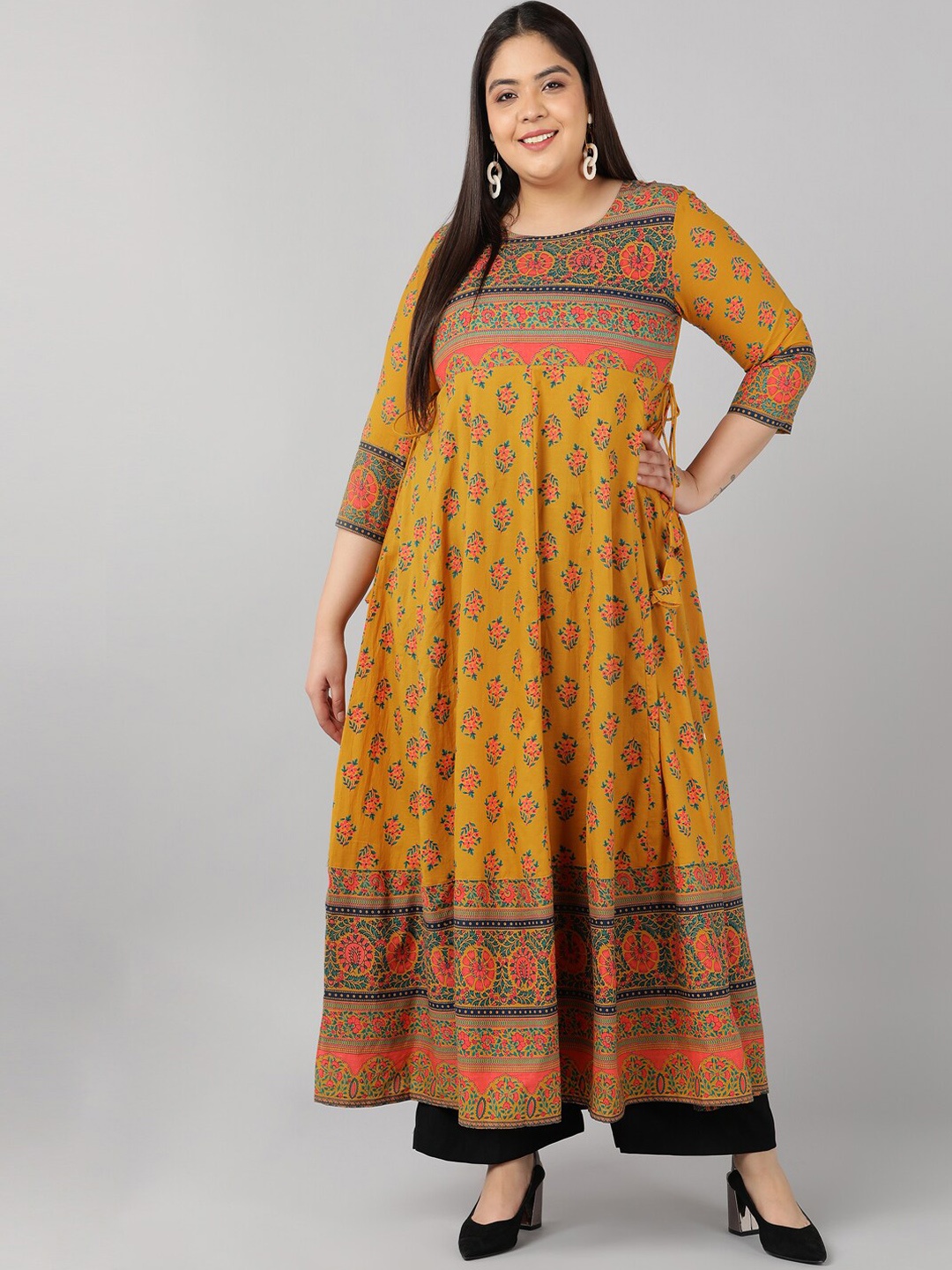 

kipek Women Mustard Yellow Ethnic Motifs Printed Anarkali Kurta