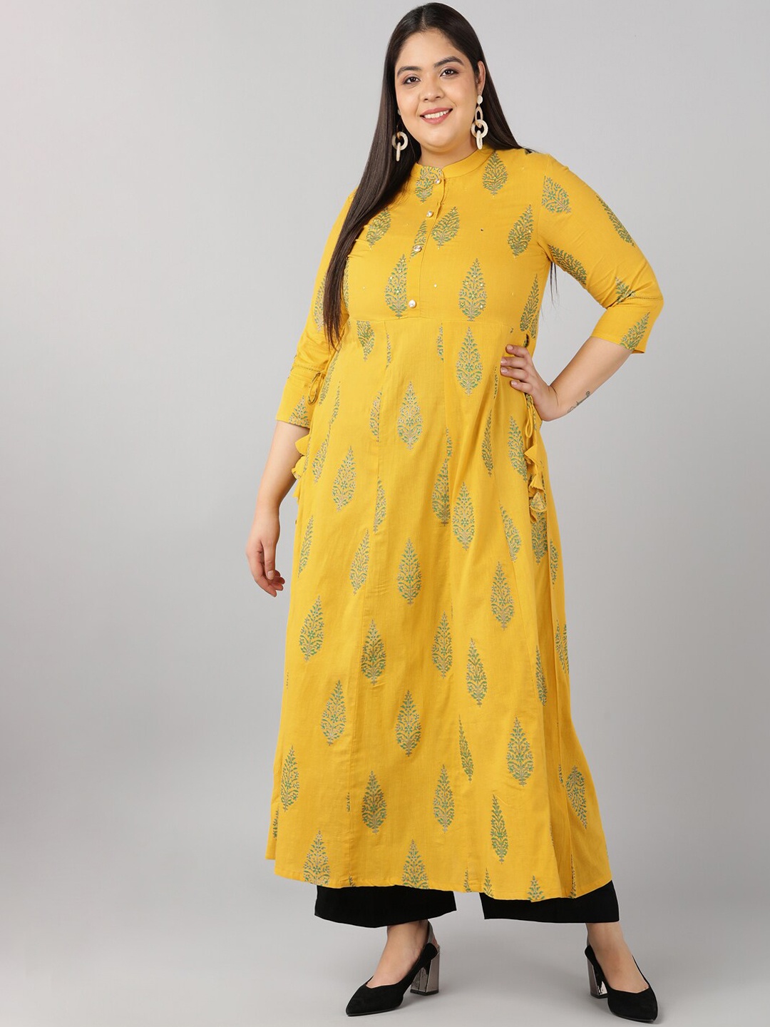 

kipek Women Mustard Yellow Ethnic Motifs Printed Gotta Patti Anarkali Kurta