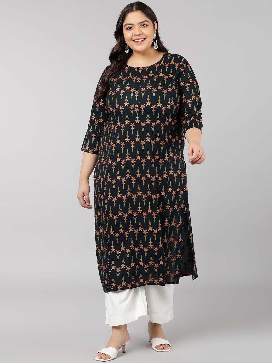 

kipek Women Black & Green Floral Printed Kurta
