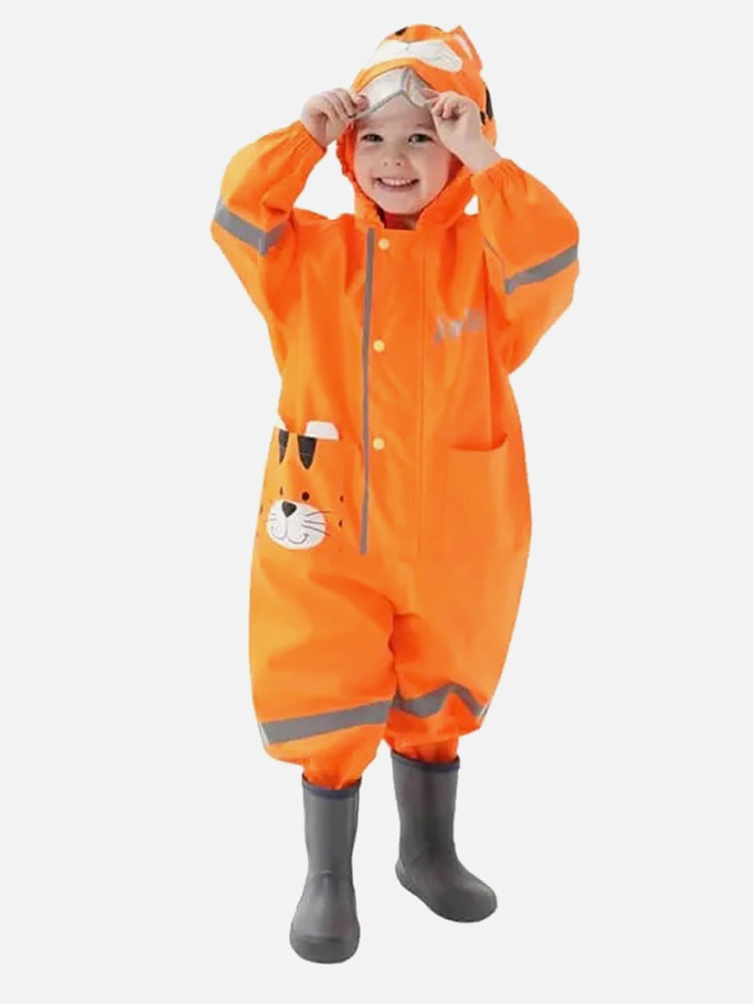 

Little Surprise Box LLP Kids Roaring Tiger Printed Jumpsuit Raincoat, Orange