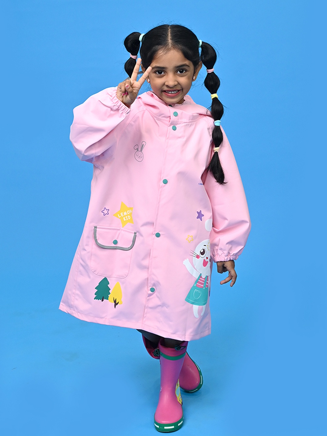 

Little Surprise Box LLP Kids Pinks Rabbit Printed Hooded Rain Jacket, Pink