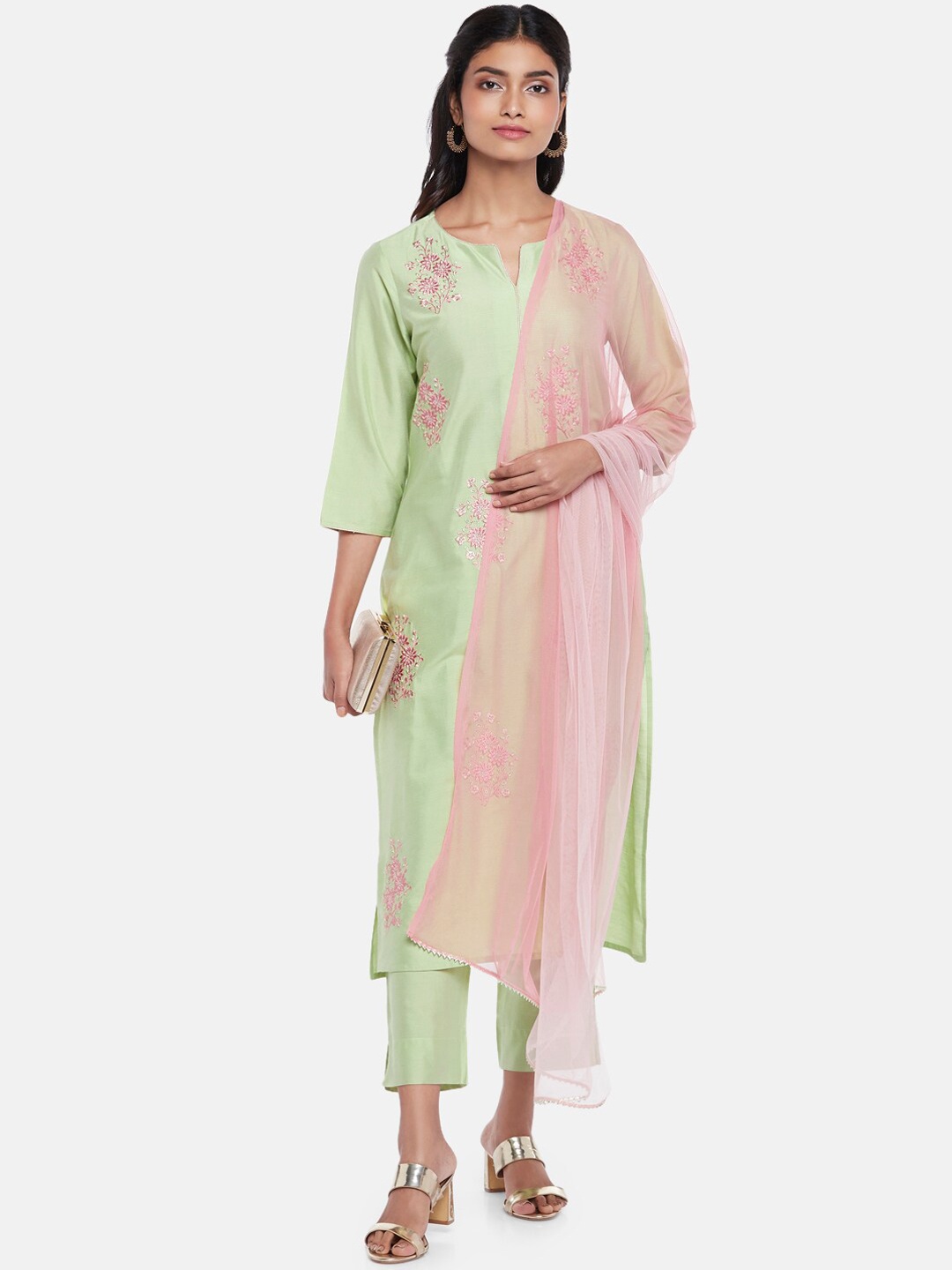 

RANGMANCH BY PANTALOONS Women Green Layered Kurti with Trousers & With Dupatta