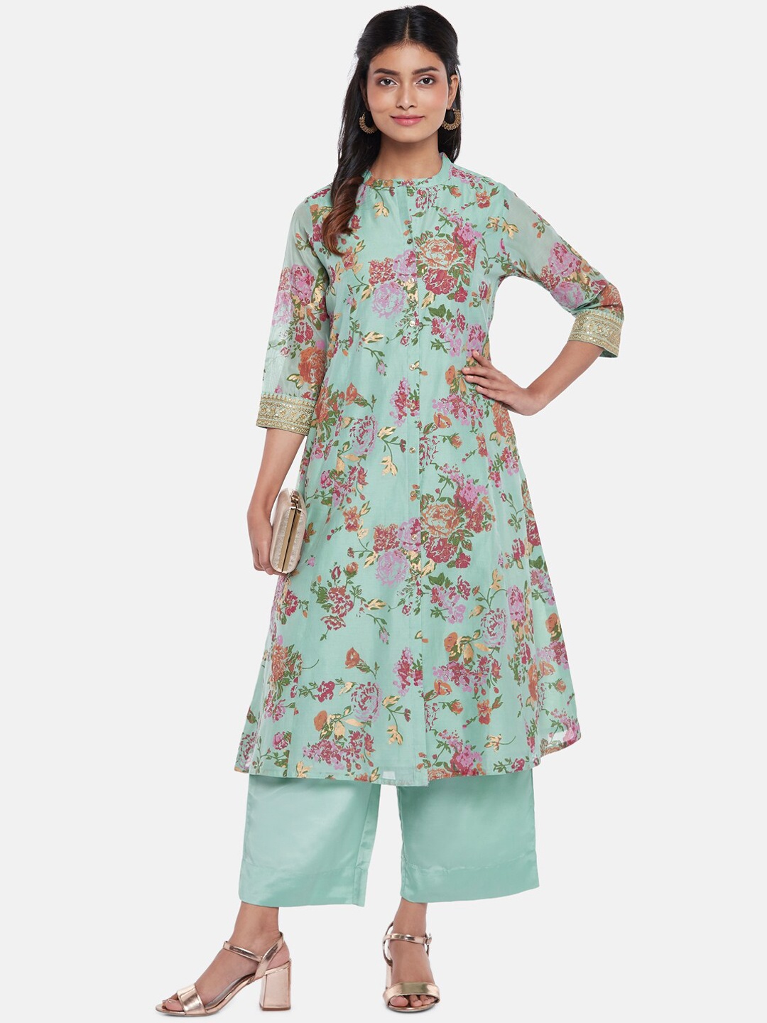 

RANGMANCH BY PANTALOONS Women Sea Green Floral Printed Chanderi Silk Kurti with Palazzos
