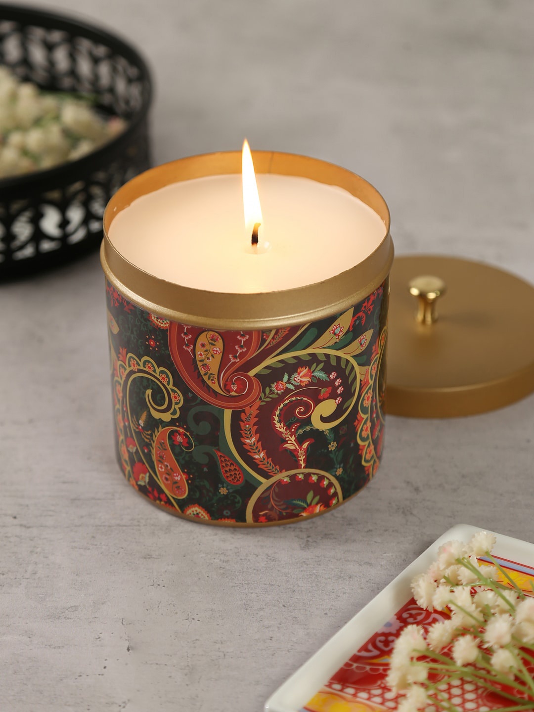 

India Circus by Krsnaa Mehta Unisex Black & Green Paisley Printed Scented Candle