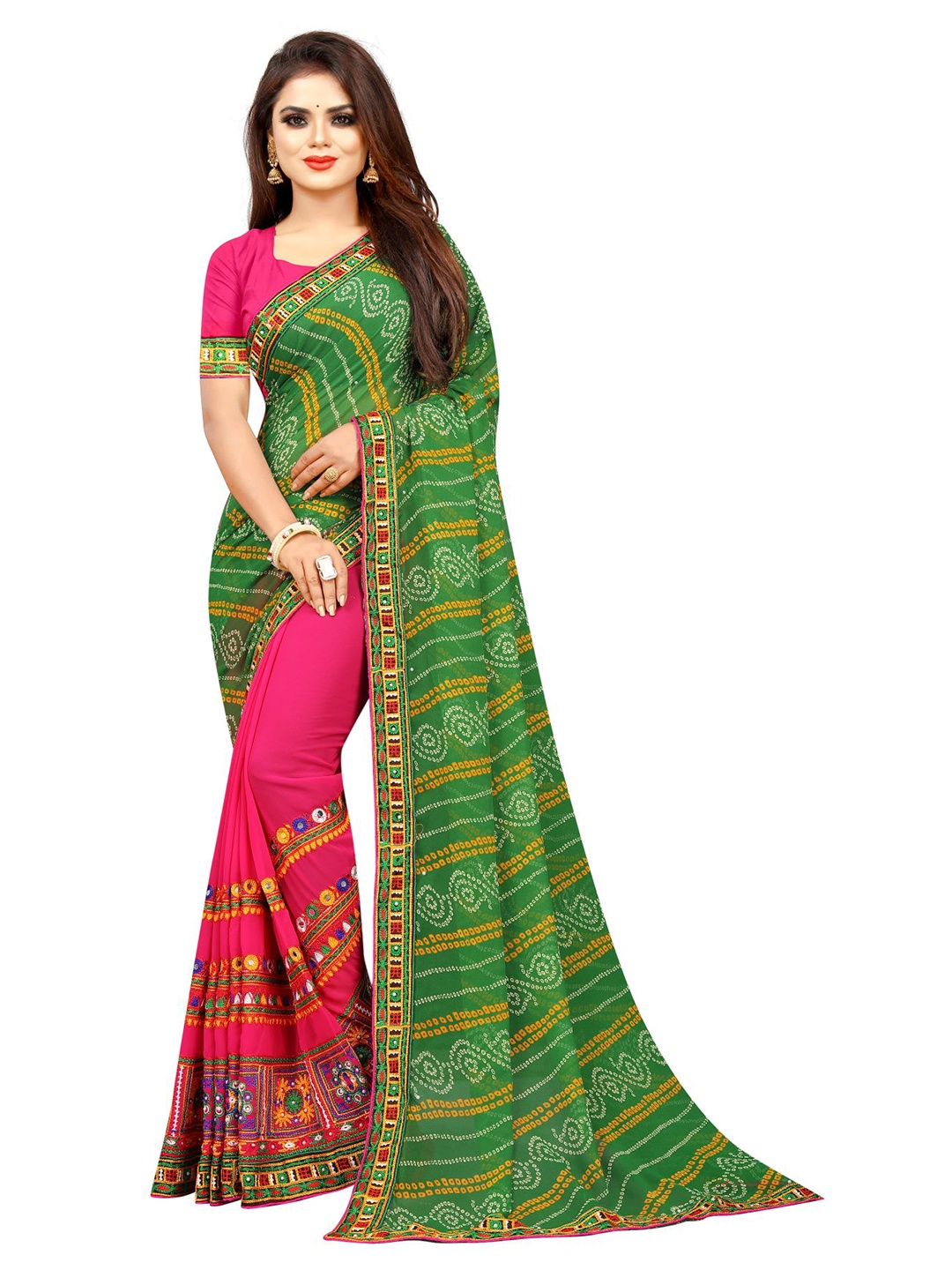 

Queenswear Creation Green & Pink Embroidered Bandhani Saree