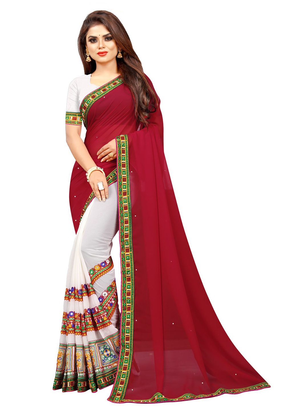 

Queenswear Creation Red & White Embellished Mirror Work Half and Half Saree