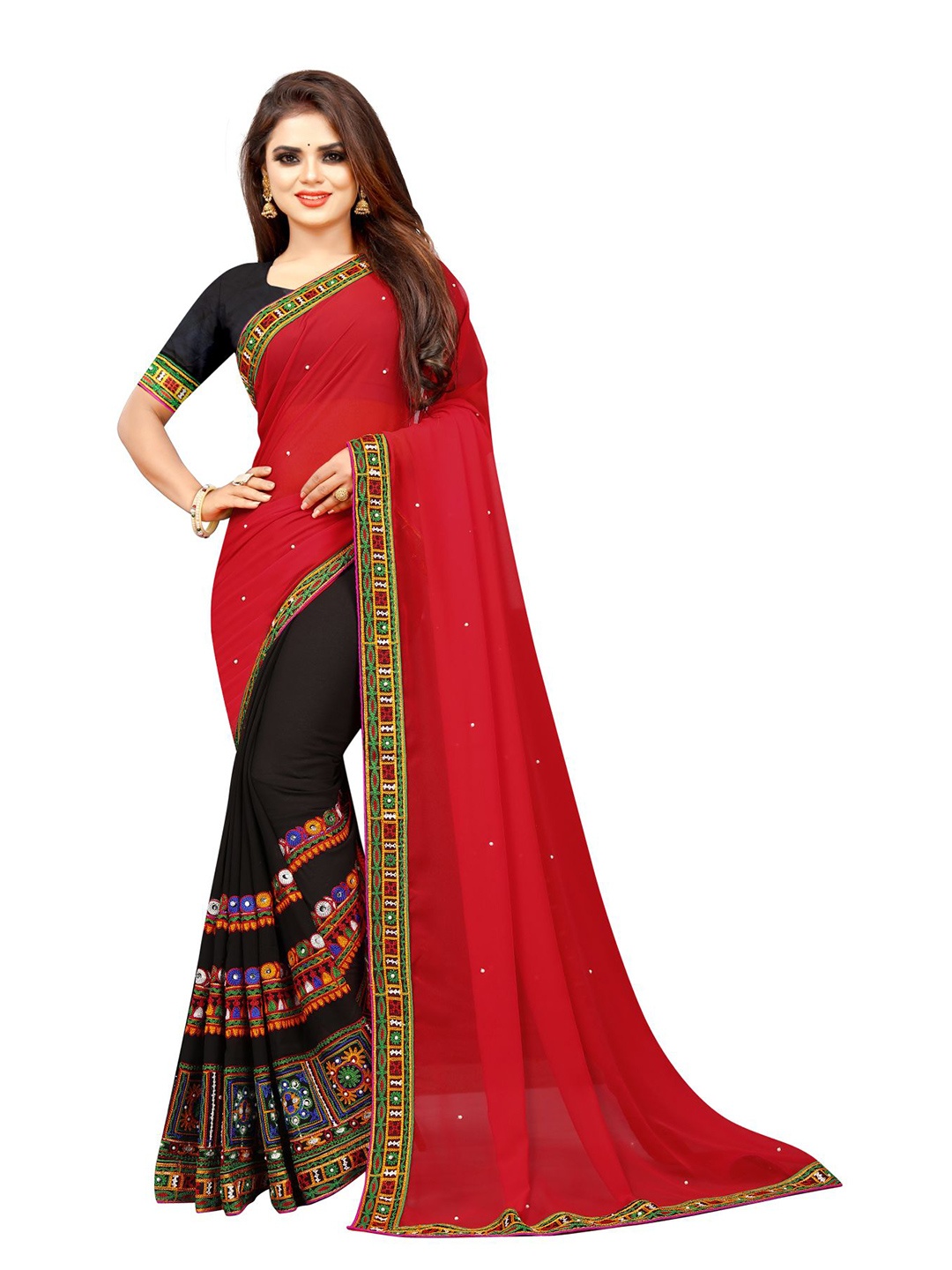 

Queenswear Creation Black & Red Embellished Mirror Work Ready to Wear Saree