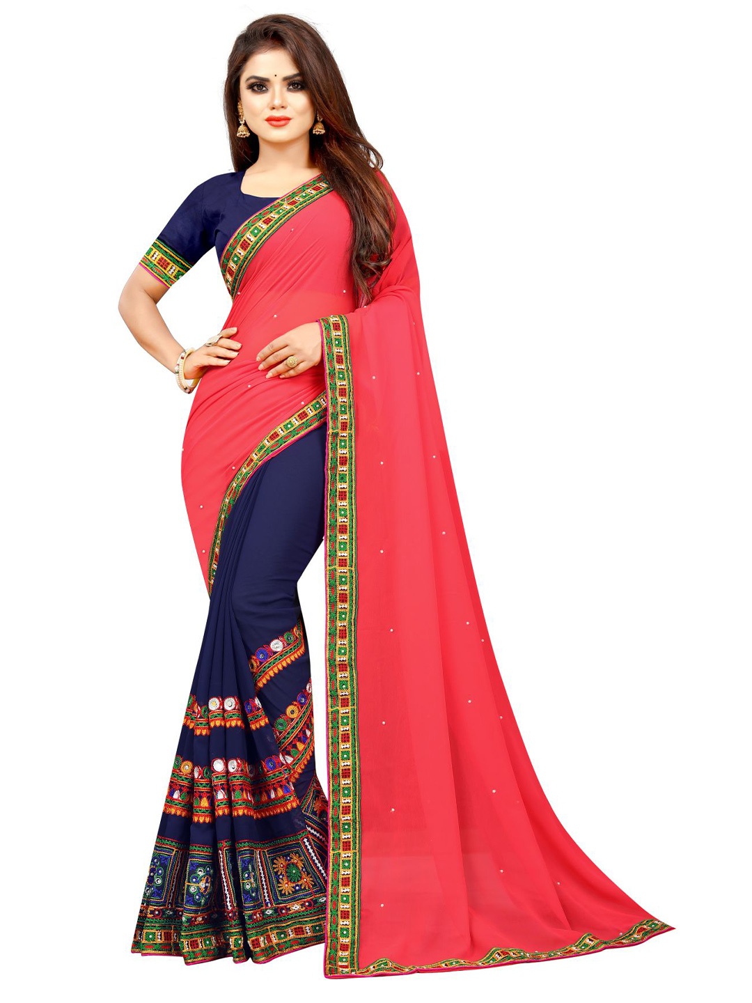 Queenswear Creation Pink & Blue Ethnic Motifs Embroidered Poly Georgette Saree