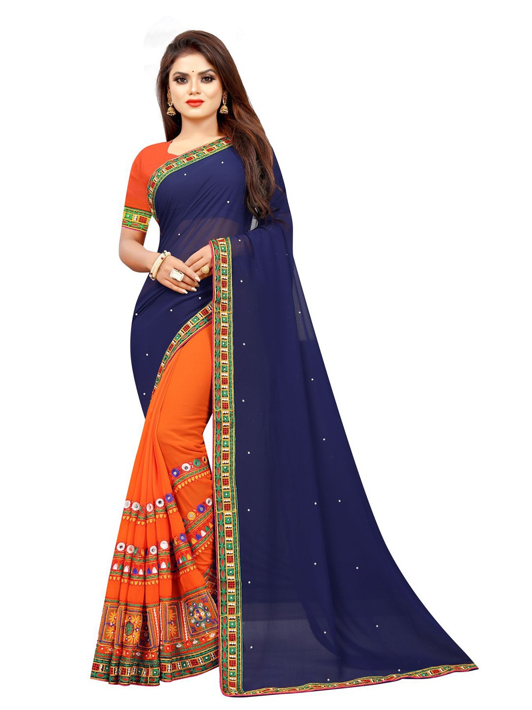 

Queenswear Creation Blue & Orange Embroidered Poly Georgette Saree