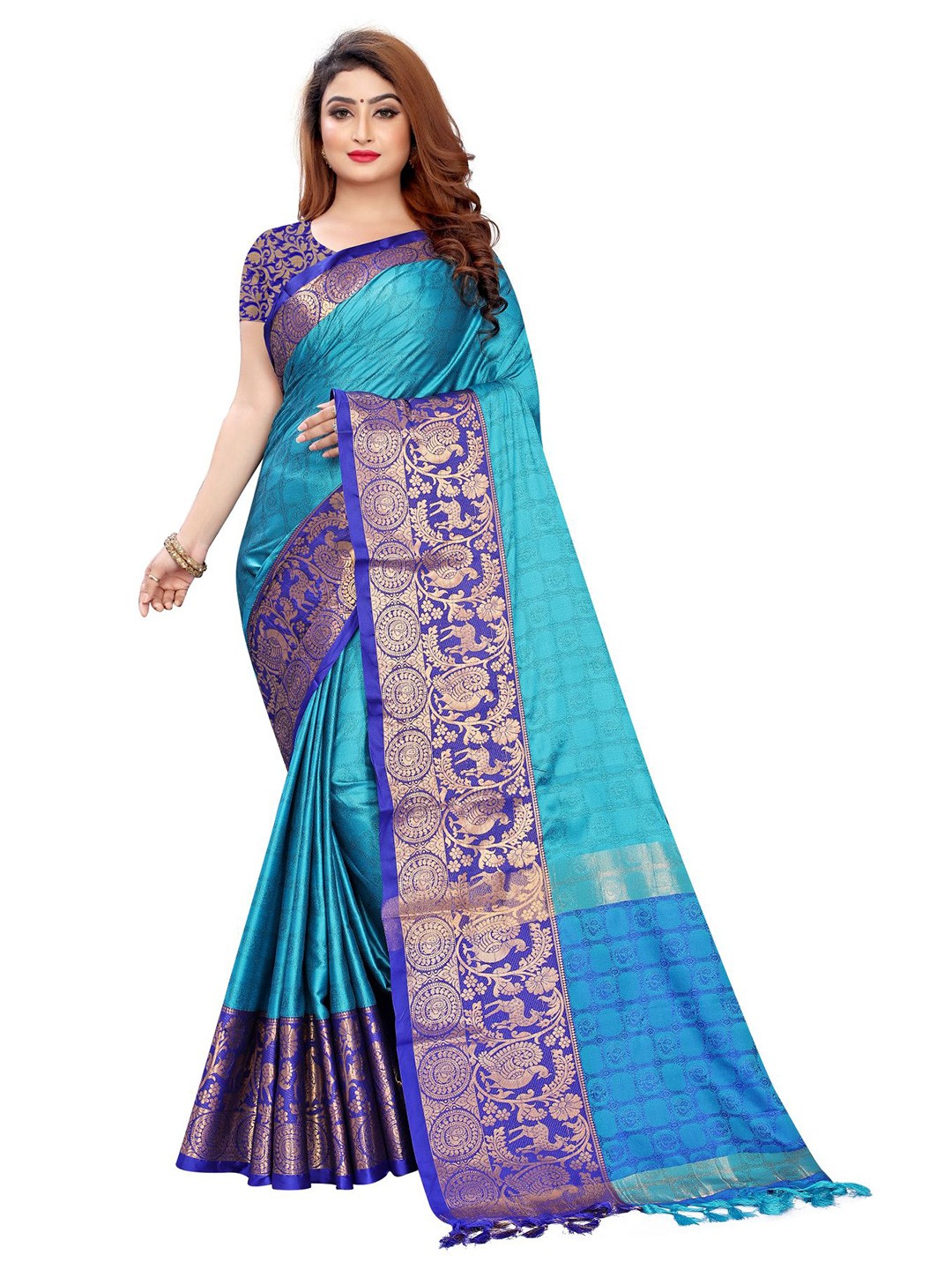

Queenswear Creation Blue & Gold-Toned Woven Design Silk Cotton Banarasi Saree