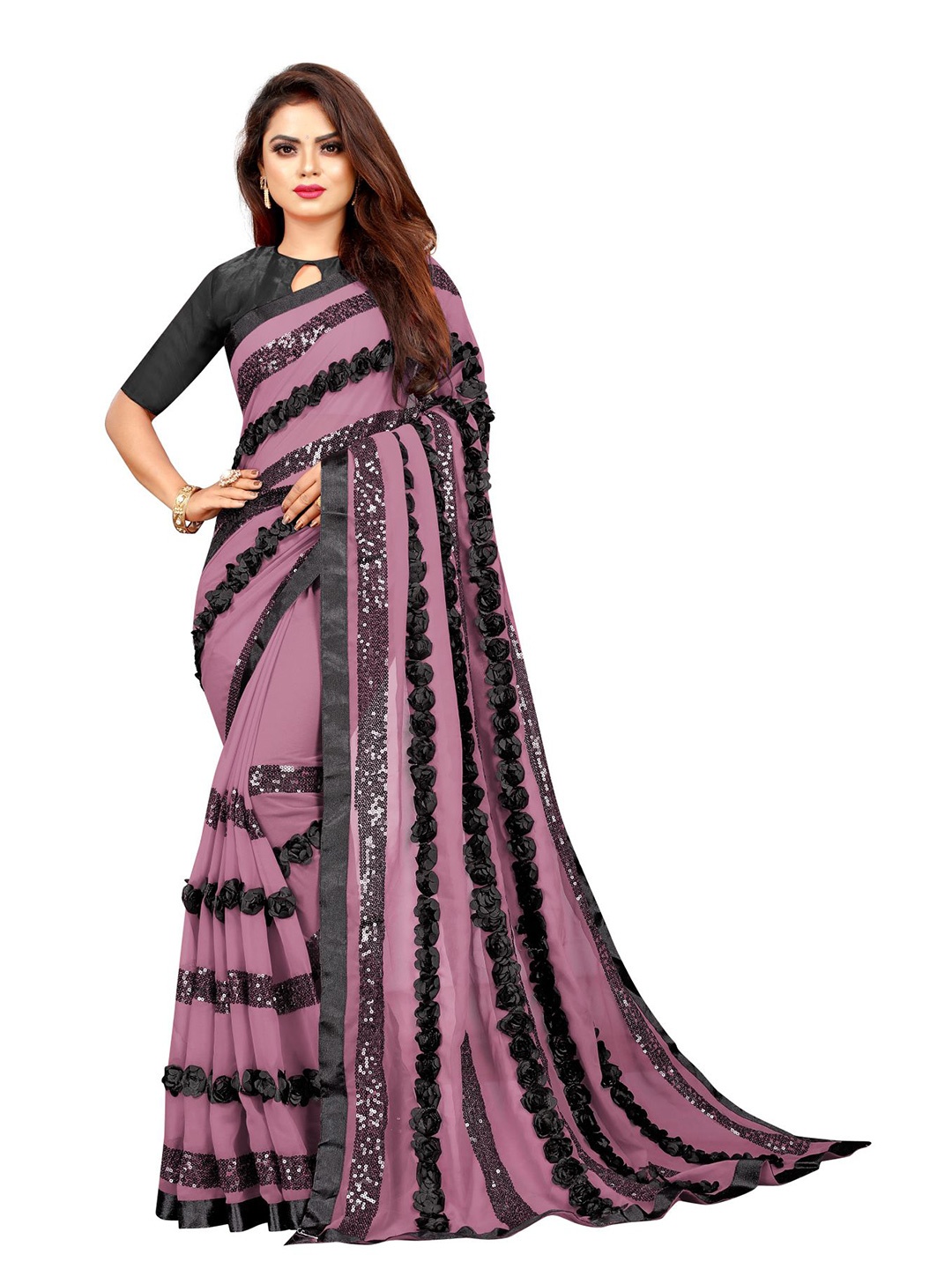 

Queenswear Creation Purple & Black Embellished Sequinned Saree